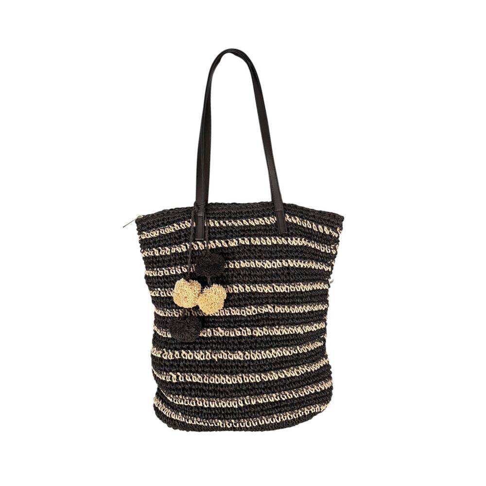 BTB Los Angeles Black Natural Striped Paper Straw Pom Pom Tote Beach Bag